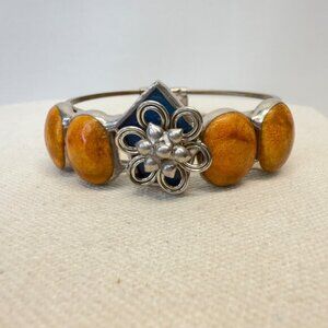 Handmade Vintage Hinged Bangle Bracelet‎ Silver-Tone Boho Tan Blue Floral